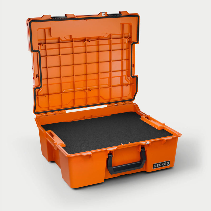 Blaze Orange DECKED Halfrack 32 open with a black foam pad lining the base of the tub