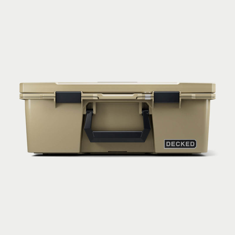 Straight-on front view of the closed Desert Tan DECKED Halfrack 32 showing the bail handle and both latches