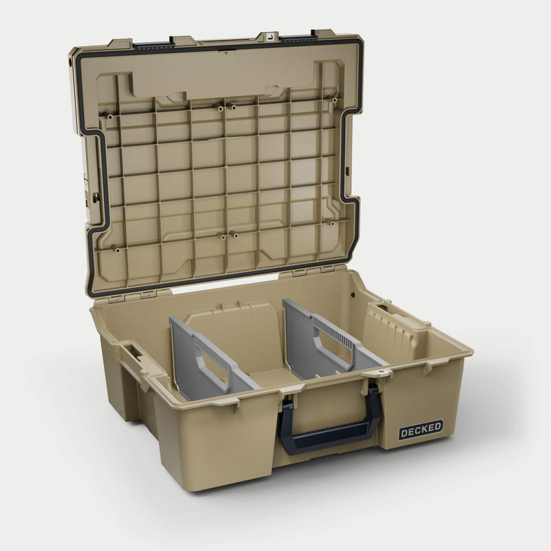 Desert Tan DECKED Halfrack 32 open with the two gray removable dividers set in the tub