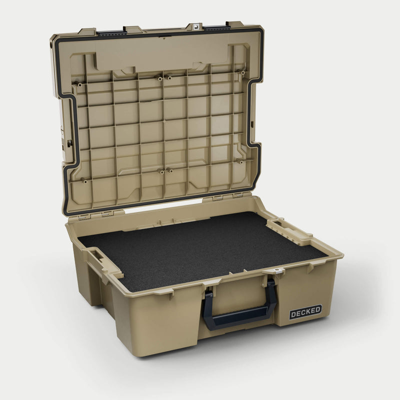 Desert Tan DECKED Halfrack 32 open with a black foam pad lining the base of the tub