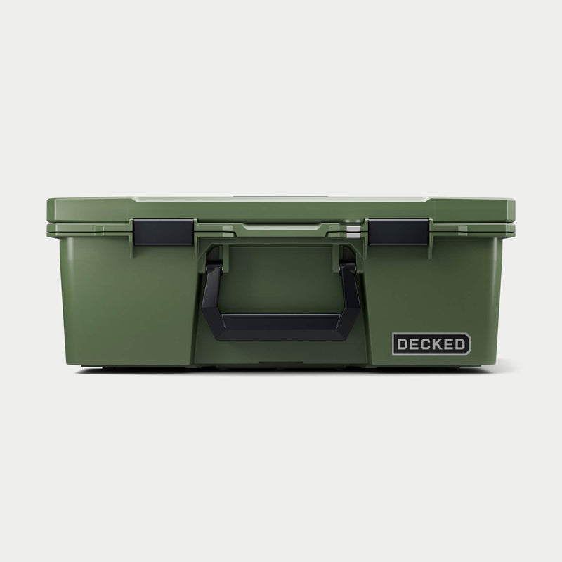 Straight-on front view of the closed Ranger Green DECKED Halfrack 32 showing the bail handle and both latches