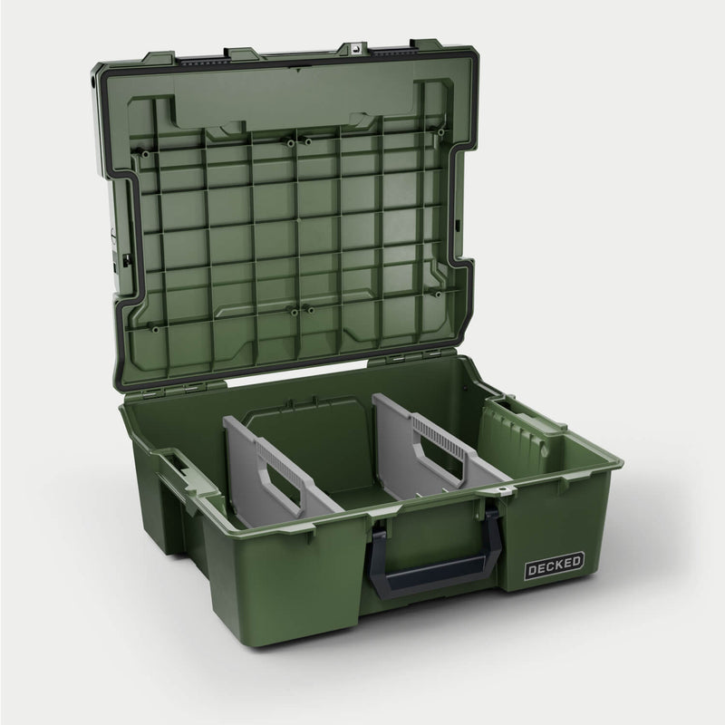 Ranger Green DECKED Halfrack 32 open with the two gray removable dividers set in the tub