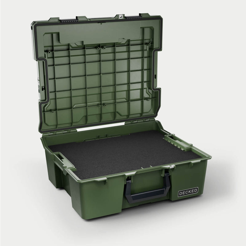 Ranger Green DECKED Halfrack 32 open with a black foam pad lining the base of the tub