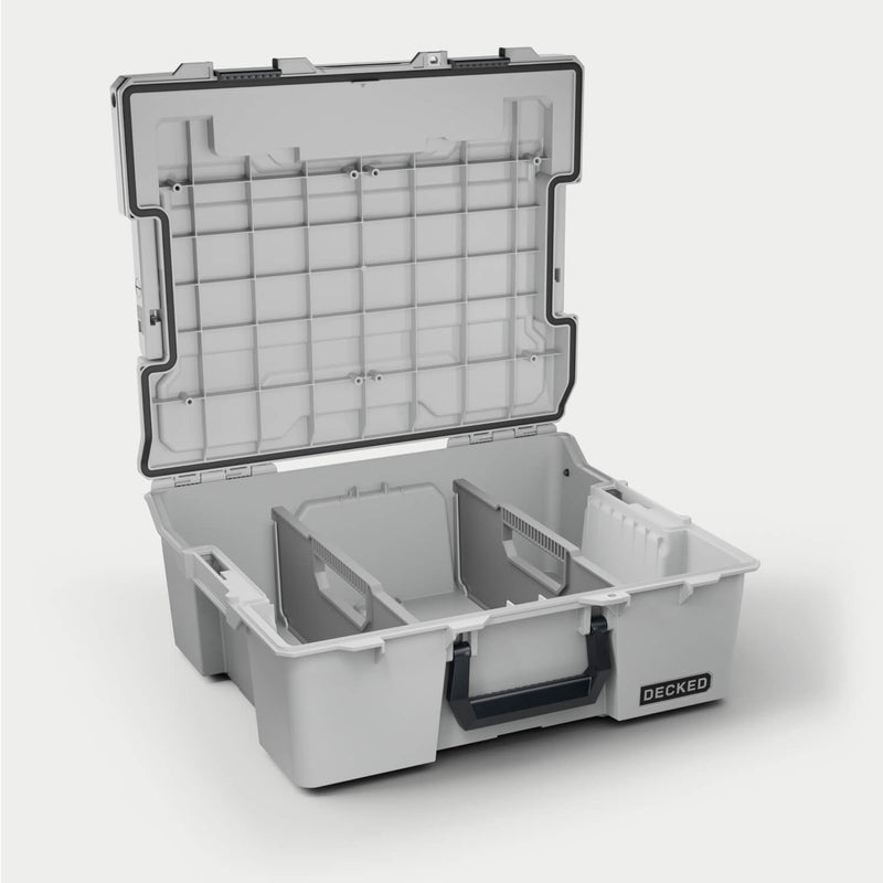 Cool Gray DECKED Halfrack 32 open with the two gray removable dividers set in the tub