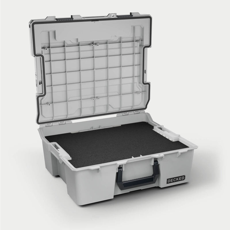 Cool Gray DECKED Halfrack 32 open with a black foam pad lining the base of the tub