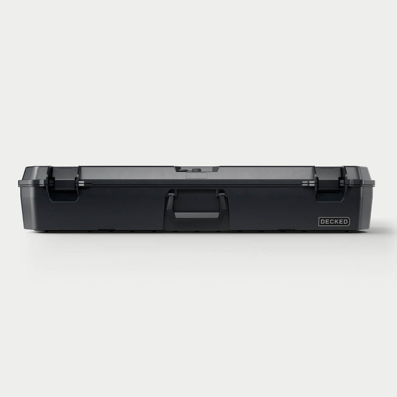 Straight-on front view of the closed Black DECKED Honcho 80 showing the lockable handle and both cam latches
