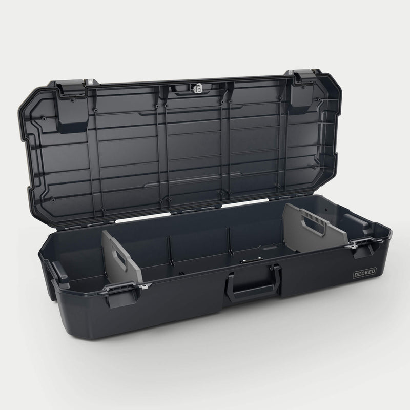 Black DECKED Honcho 80 open with the two gray removable dividers set in the long tub