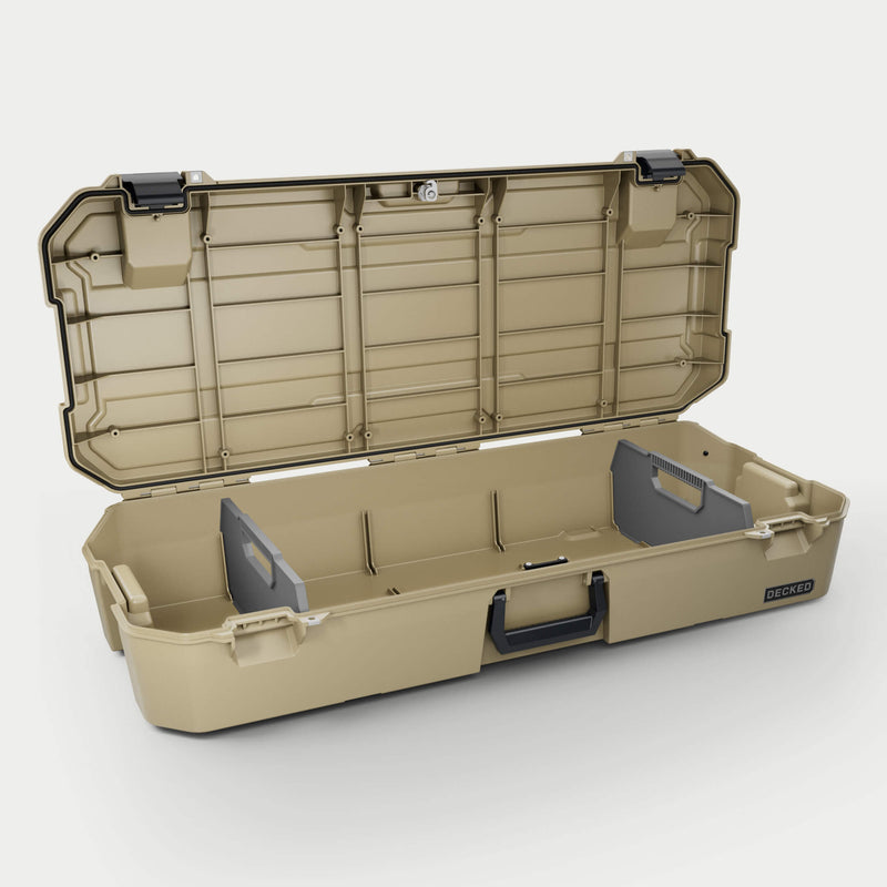 Desert Tan DECKED Honcho 80 open with the two gray removable dividers set in the long tub