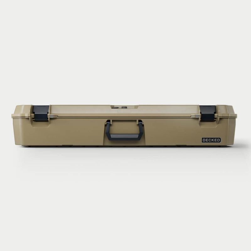 Straight-on front view of the closed Desert Tan DECKED Honcho 80 showing the lockable handle and both cam latches