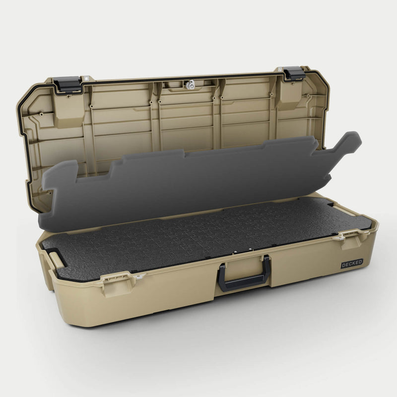 Desert Tan DECKED Honcho 80 open with the D-co PuzzleFoam base layer in the tub and the gray foam layer in the lid