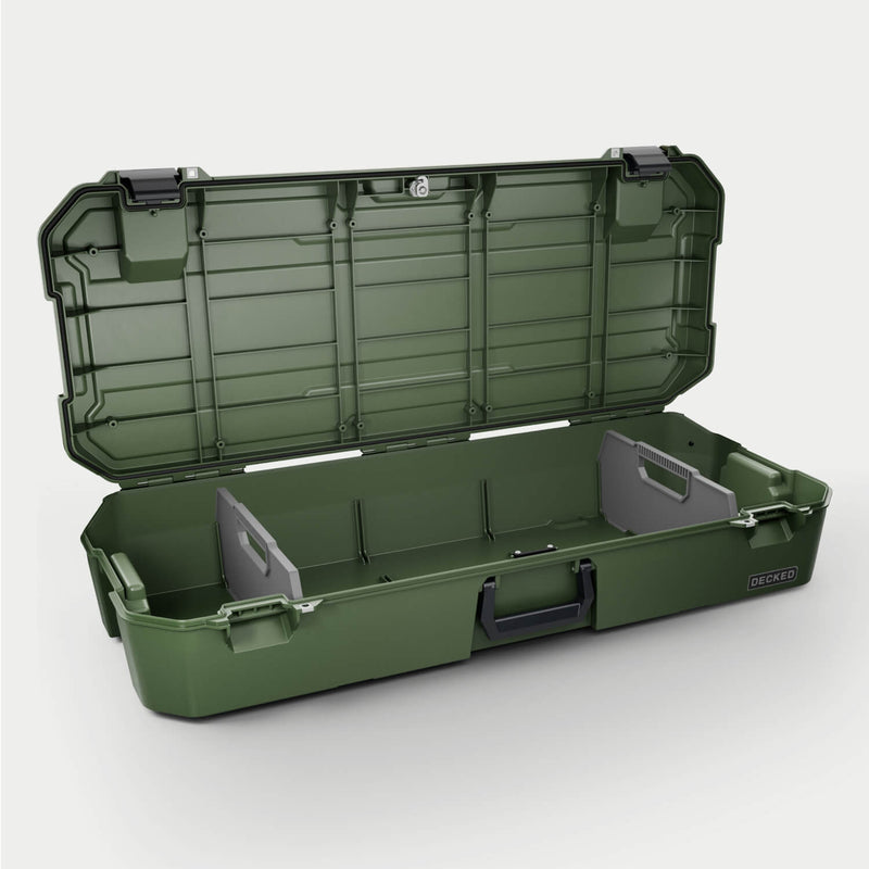 Ranger Green DECKED Honcho 80 open with the two gray removable dividers set in the long tub