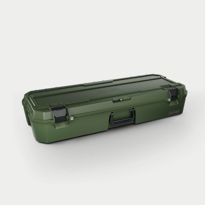 Ranger Green DECKED Honcho 80 D-co case closed, three-quarter studio view showing the long profile and cam latches