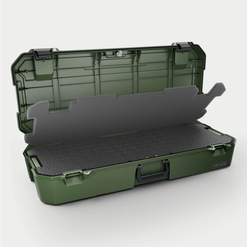 Ranger Green DECKED Honcho 80 open with the D-co PuzzleFoam base layer in the tub and the gray foam layer in the lid