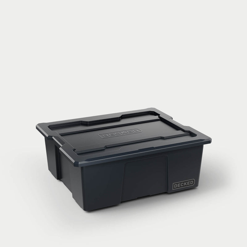 Black DECKED Payloader 32 bin with its snap-on lid fitted, three-quarter studio view