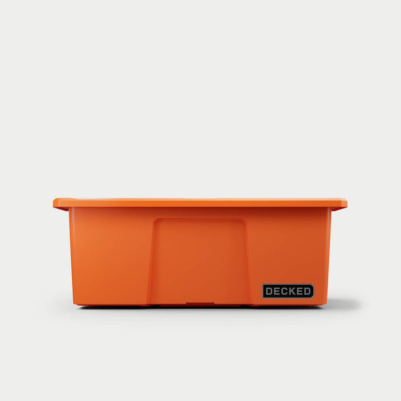 Straight-on front view of the Blaze Orange DECKED Payloader 32 with the lid fitted
