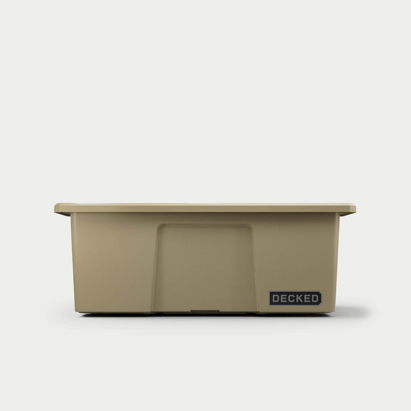 Straight-on front view of the Desert Tan DECKED Payloader 32 with the lid fitted