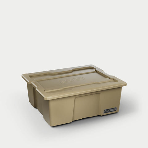 Desert Tan DECKED Payloader 32 bin with its snap-on lid fitted, three-quarter studio view