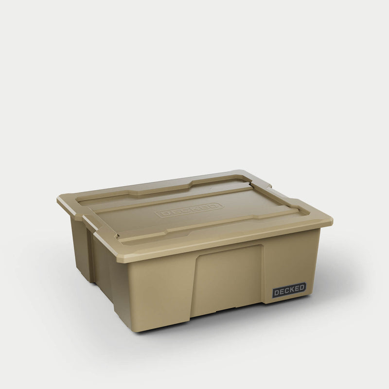 Desert Tan DECKED Payloader 32 bin with its snap-on lid fitted, three-quarter studio view