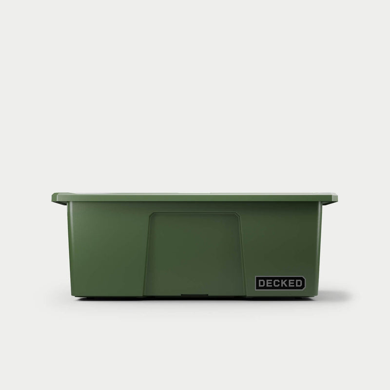 Straight-on front view of the Ranger Green DECKED Payloader 32 with the lid fitted