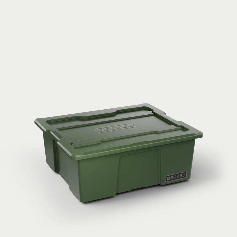 Ranger Green DECKED Payloader 32 bin with its snap-on lid fitted, three-quarter studio view