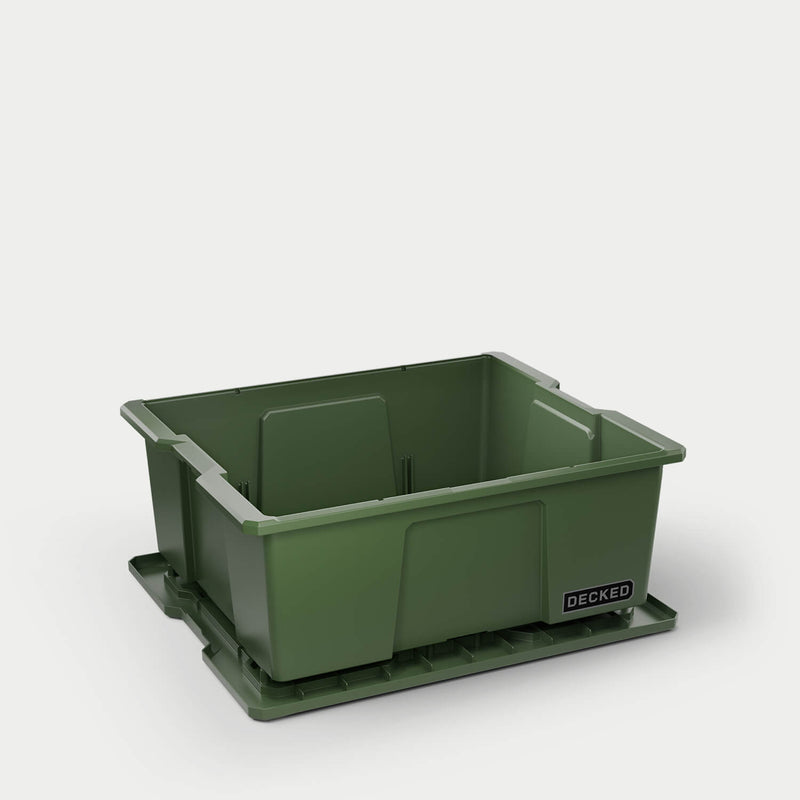 Ranger Green DECKED Payloader 32 with the lid removed and set beneath the bin, showing the open tub