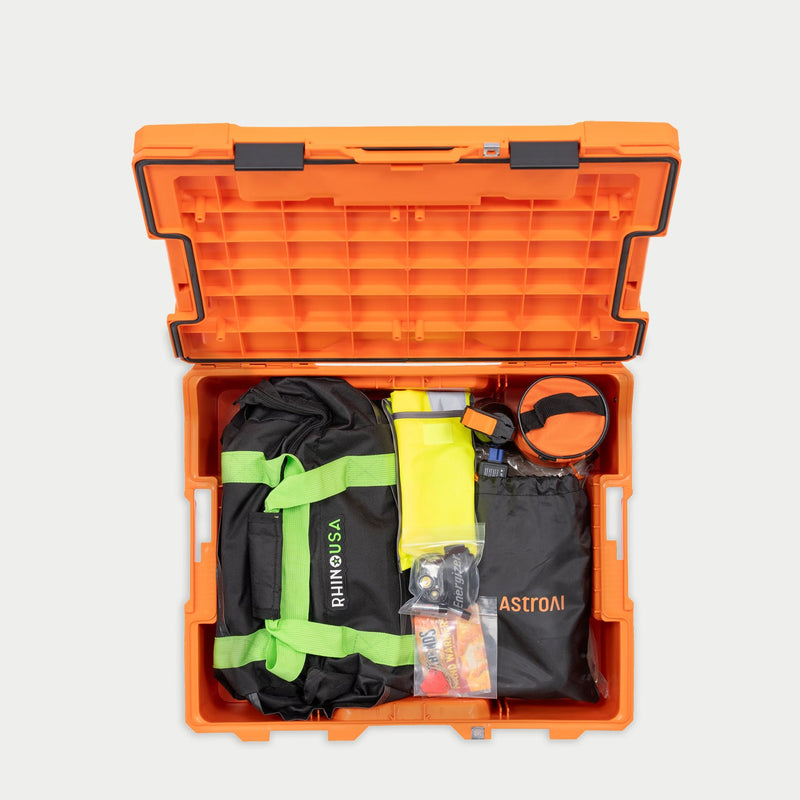 Blaze Orange DECKED Halfrack 32 case open with the full Roadside Emergency OS Kit packed inside
