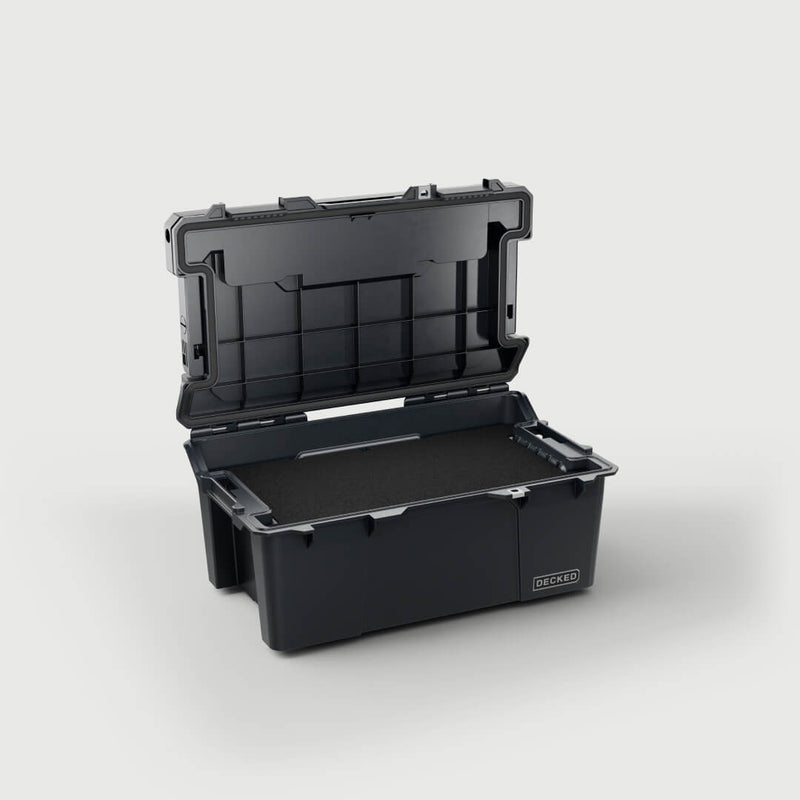 Black DECKED Sixer 16 open with a black foam pad lining the base of the tub