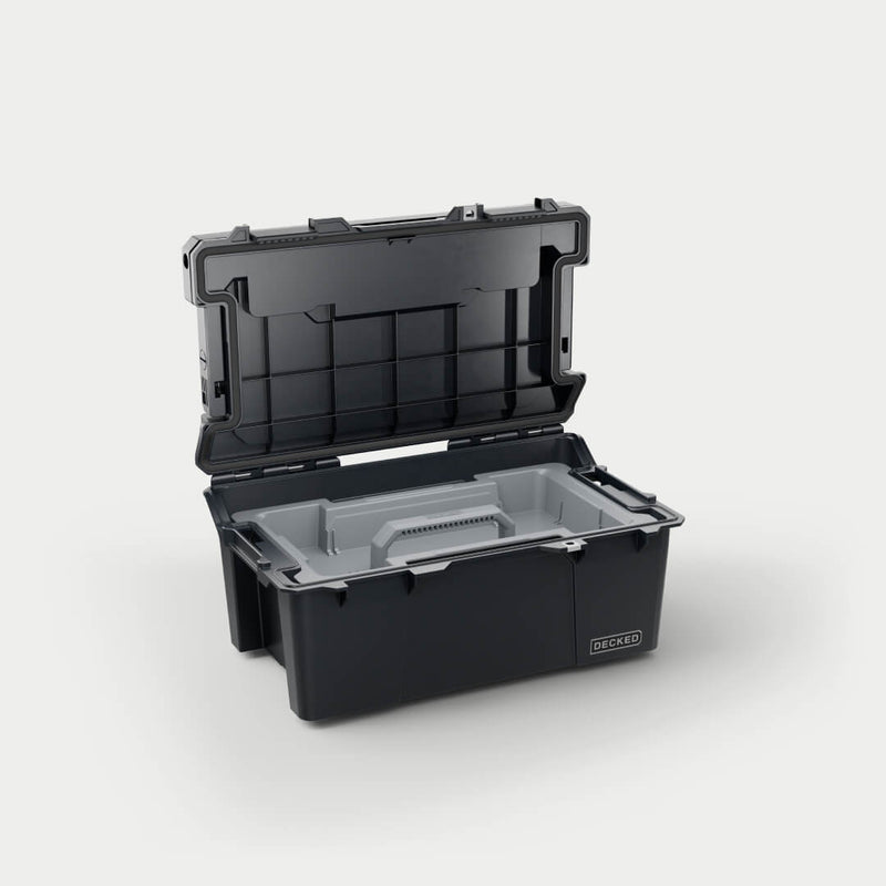 Black DECKED Sixer 16 open in a studio view with the gray removable tool tray seated in the tub