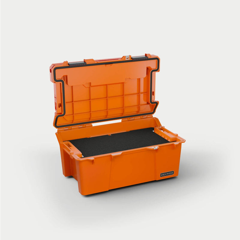 Blaze Orange DECKED Sixer 16 open with a black foam pad lining the base of the tub