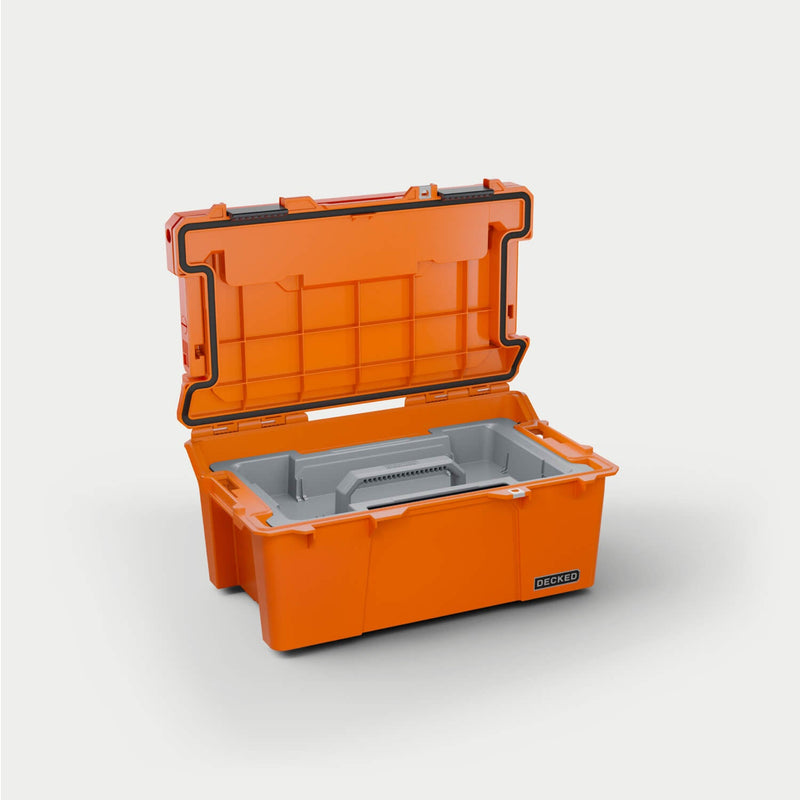 Blaze Orange DECKED Sixer 16 open in a studio view with the gray removable tool tray seated in the tub