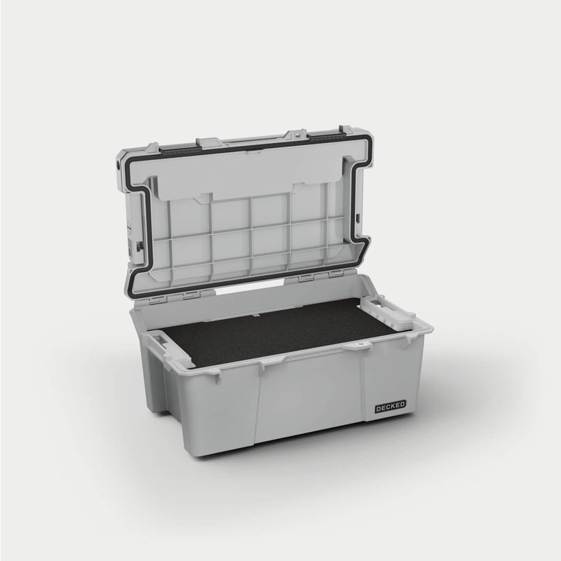 Cool Gray DECKED Sixer 16 open with a black foam pad lining the base of the tub