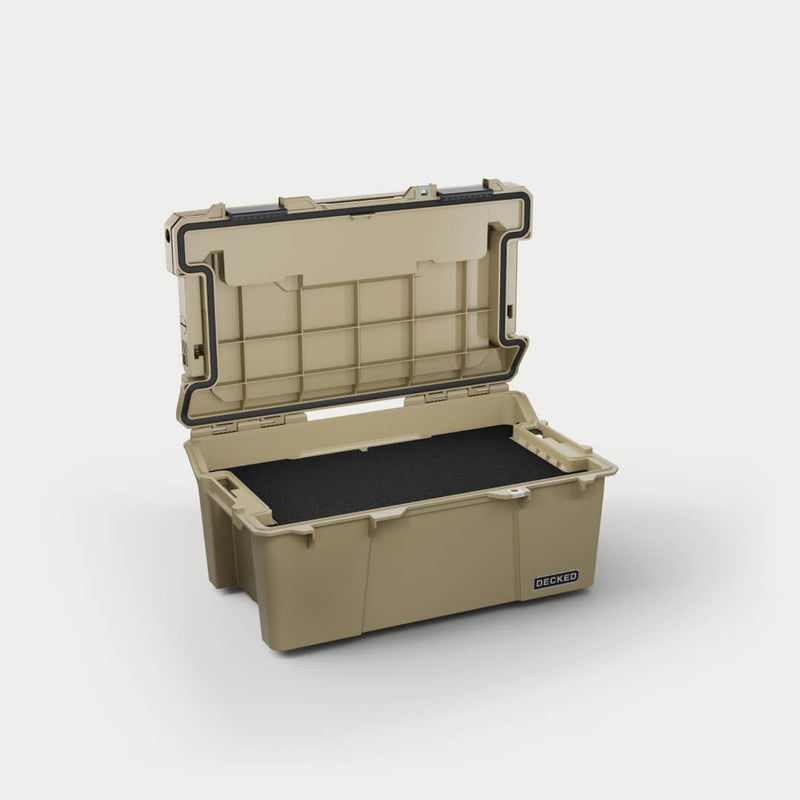 Desert Tan DECKED Sixer 16 open with a black foam pad lining the base of the tub
