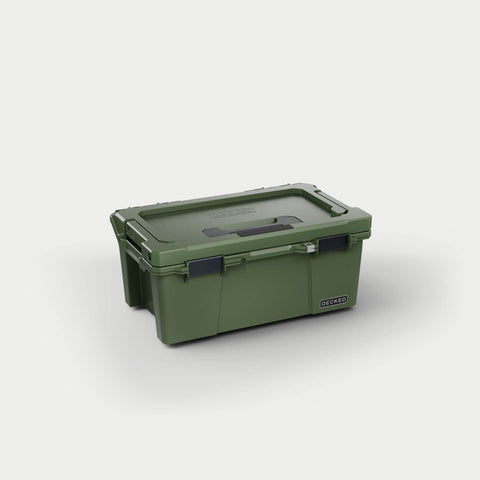 Ranger Green DECKED Sixer 16 D-co case closed, three-quarter studio view showing the lid handle and black clutch latches