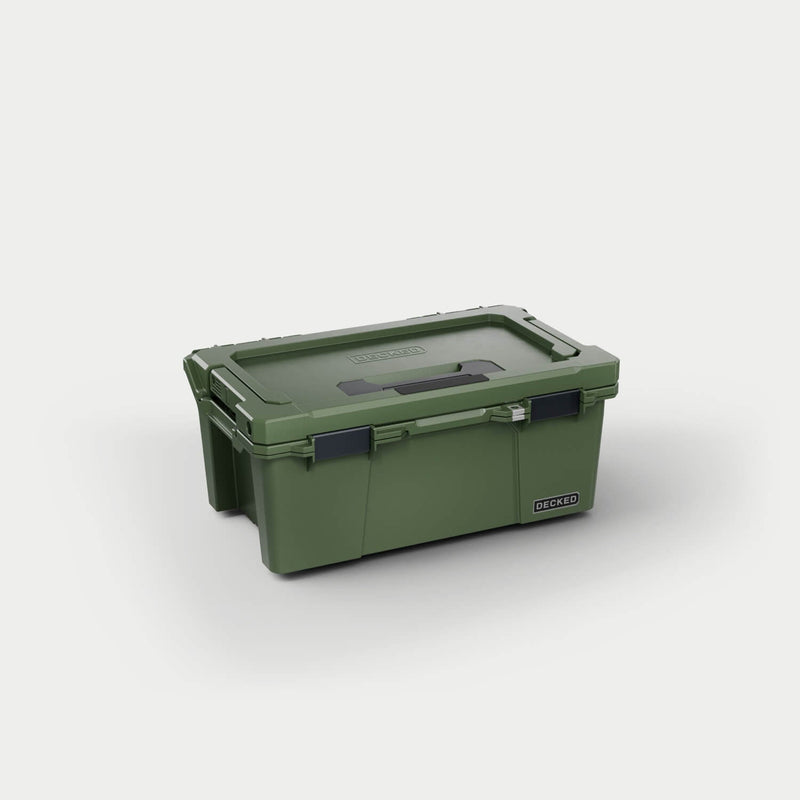 Ranger Green DECKED Sixer 16 D-co case closed, three-quarter studio view showing the lid handle and black clutch latches