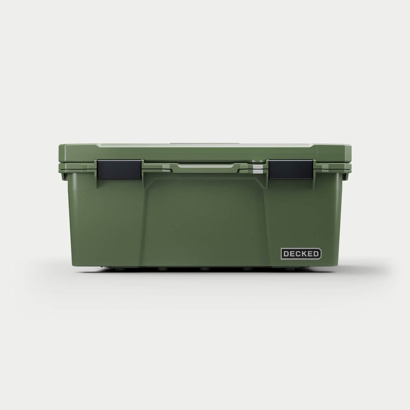 Straight-on front view of the closed Ranger Green DECKED Sixer 16 showing the lid gasket line and both latches