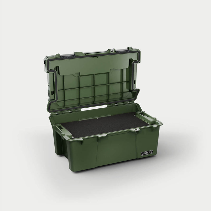 Ranger Green DECKED Sixer 16 open with a black foam pad lining the base of the tub