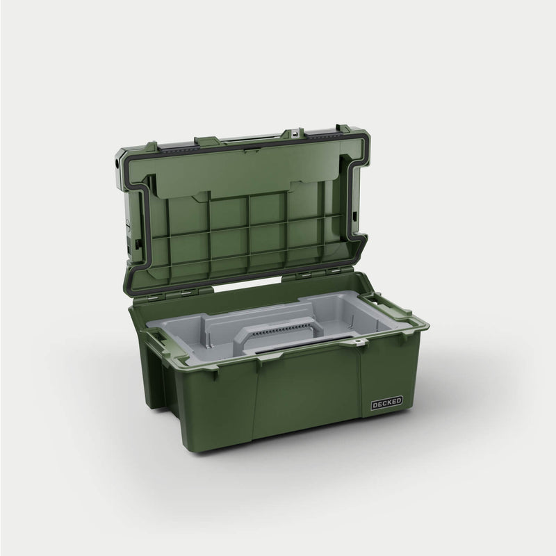 Ranger Green DECKED Sixer 16 open in a studio view with the gray removable tool tray seated in the tub