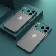 Elysian Shield Shockproof Matte iPhone Case Sleek Finish two dark green cases translucent gray back orange buttons dark green blocks