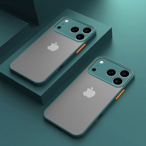 Elysian Shield Shockproof Matte iPhone Case Sleek Finish two dark green cases translucent gray back orange buttons dark green blocks