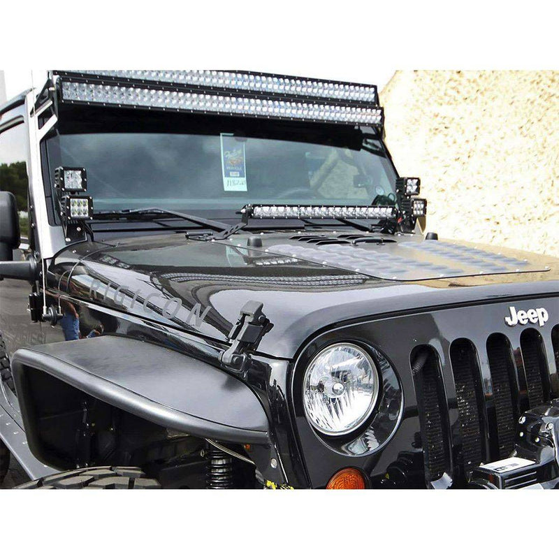 Rigid Dual D-Series A-Pillar Mount Kit installed on a gray Jeep Wrangler JK with two pods at each A-pillar