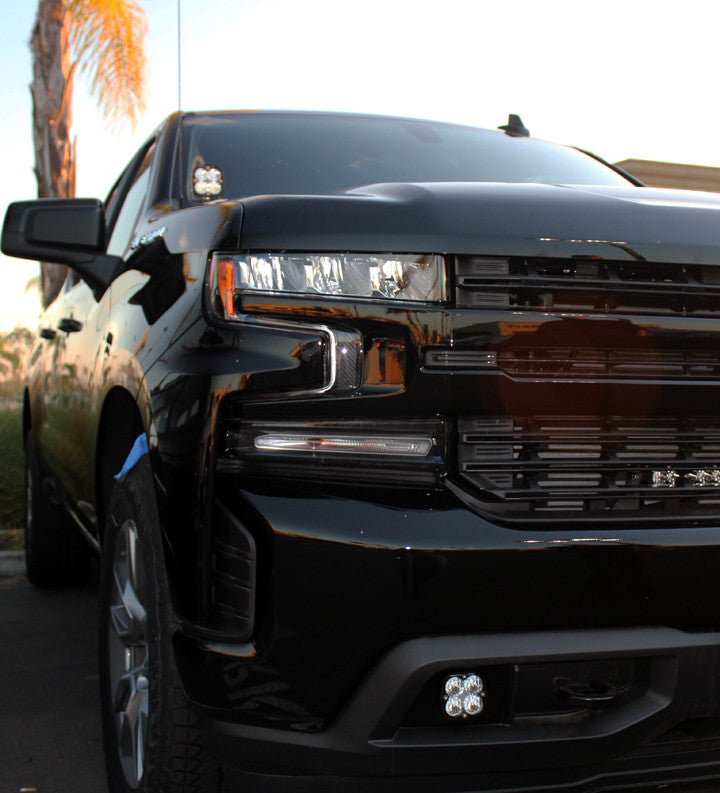 Baja Designs Squadron SAE Fog Pocket Light Kit for 2019-2022 Chevrolet Silverado 1500; 2020-2022 Silverado 2500 HD/3500 HD, shown installed on a vehicle