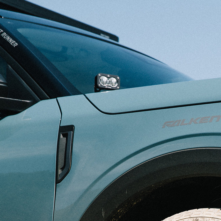 Baja Designs S2 Pro A-Pillar Light Kit for 2021-2026 Ford Bronco Sport, shown installed on a vehicle