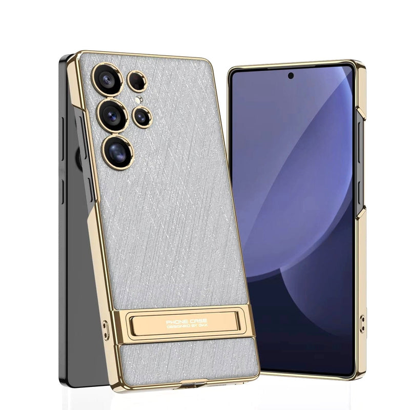 Luxe Shield Slim Hard Samsung Case Kickstand gray brushed case gold trim kickstand