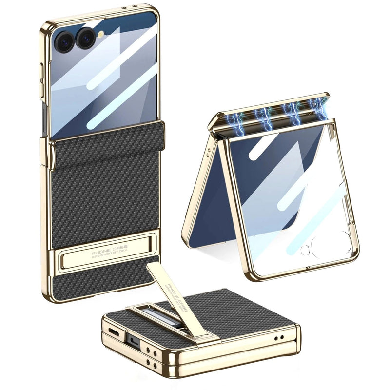 Luxe Shield Slim Hard Samsung Case Kickstand three views foldable phone case carbon fiber texture gold frame kickstand