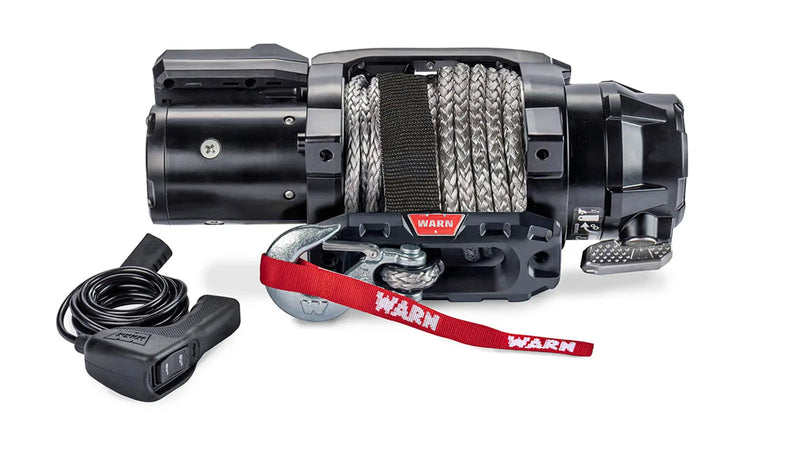 Warn ZEON XC 12-S short-drum winch for Fully Hidden Kits, studio view showing the narrowed drum with Spydura Pro rope, shortened hawse fairlead, hook strap and corded remote