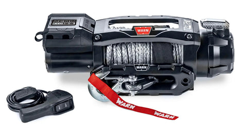 Warn ZEON XC 12-S low-profile winch, front studio view with Spydura Pro synthetic rope spooled, Epic hawse fairlead and corded remote alongside