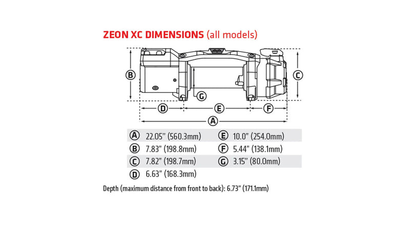 Warn ZEON XC dimensional line drawing with lettered callouts for overall length, height, depth and drum diameter