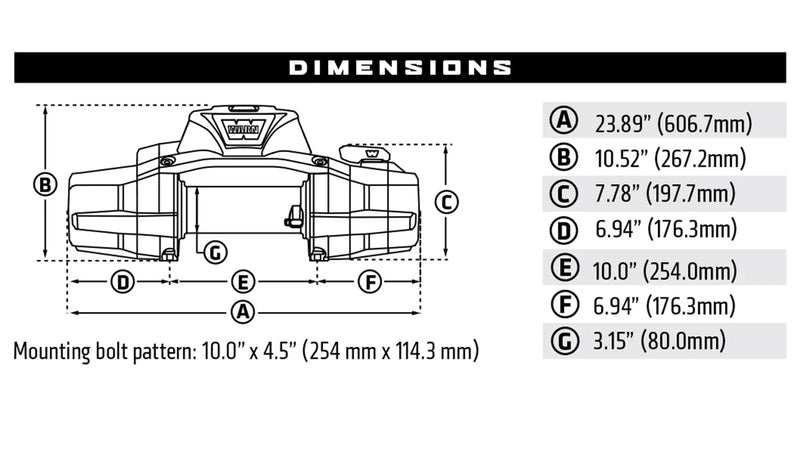 Warn ZEON XP dimensional line drawing with lettered callouts for overall length, height, depth, drum diameter and the 10" x 4.5" mounting bolt pattern