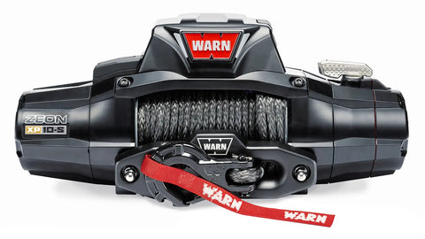 Warn ZEON XP 10-S winch, front studio view with Spydura synthetic rope spooled, Epic hook and red hook strap fitted