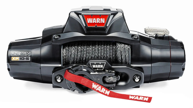 Warn ZEON XP 10-S winch, front studio view with Spydura synthetic rope spooled, Epic hook and red hook strap fitted